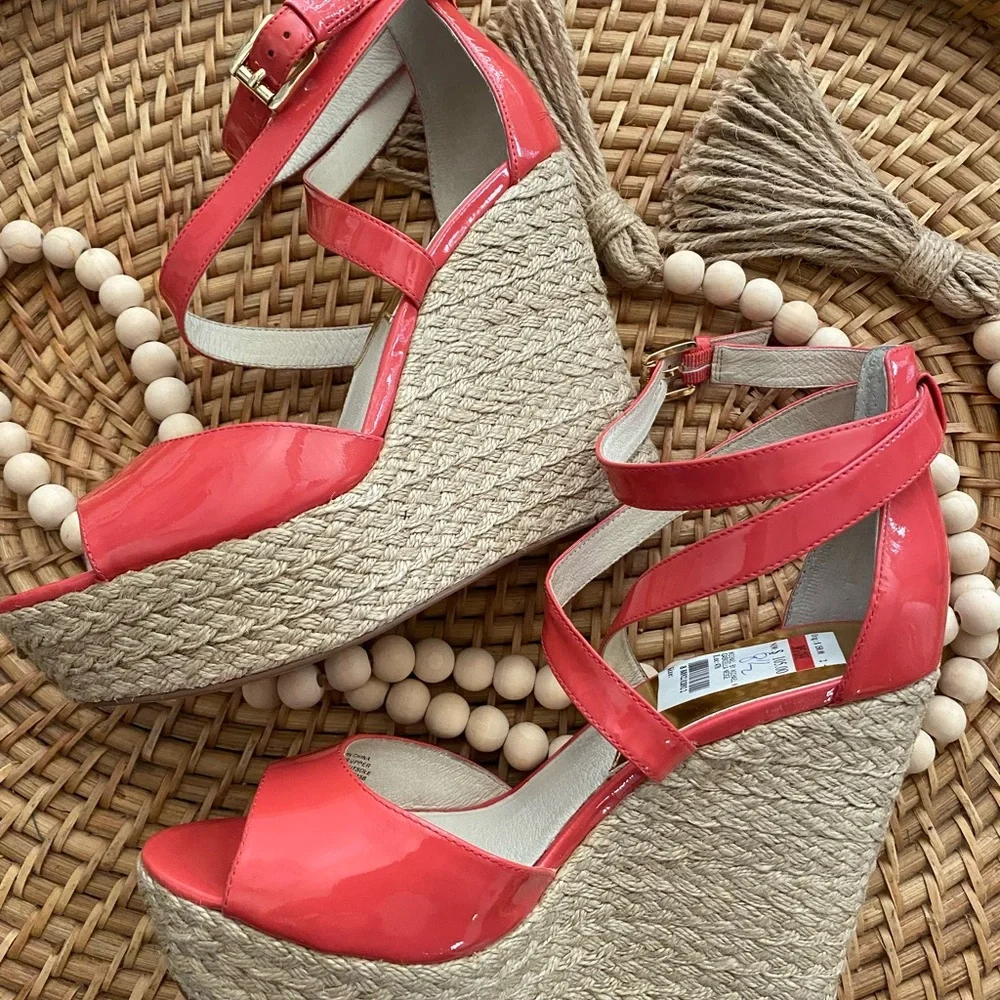 NEW Michael Kor Damita Salmon Leather Wedge Espadrille Sandals Playform - Picture 2 of 10